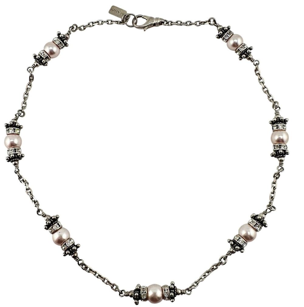 925 Sterling Silver MADIS Faux Pearl Rhinestone Beaded Station 16" Necklace